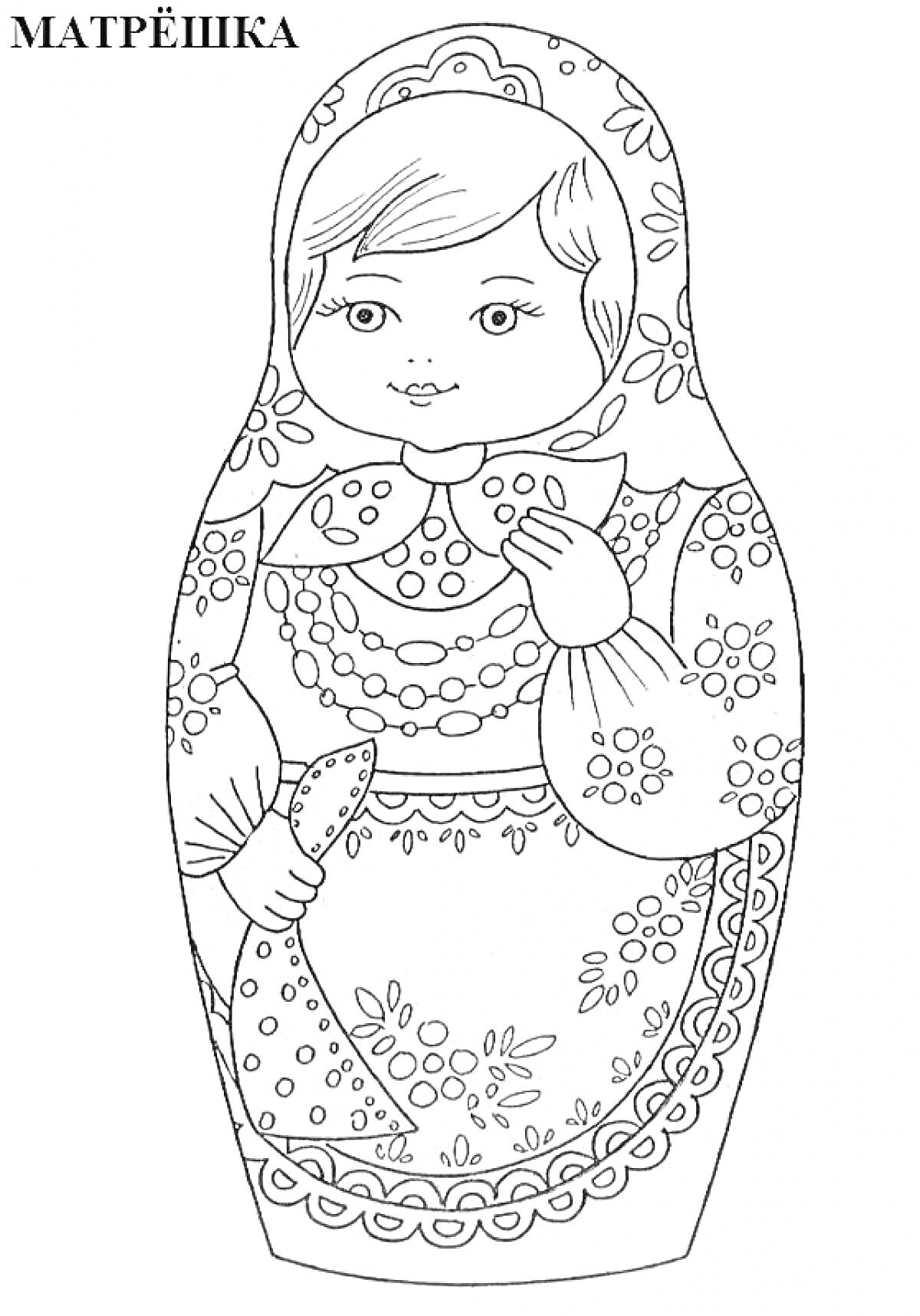 Раскраска Матрешка с узорами, платок на голове, традиционная русская кукла