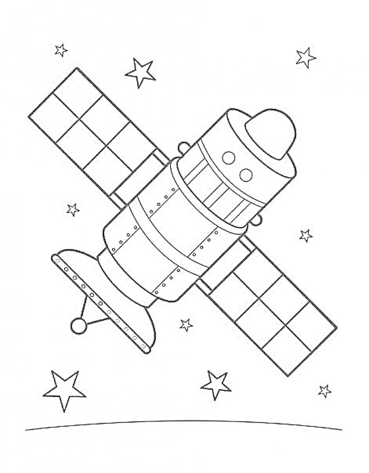 Раскраска Спутник с большими солнечными панелями и звездами на фоне
