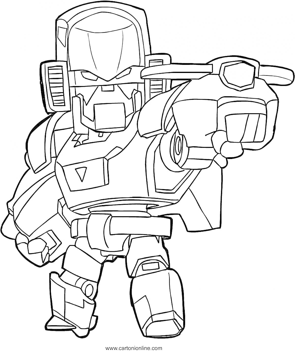 Раскраска Вольт из Браво Старс, робот-воин с пушкой, стоящий в боевой позе