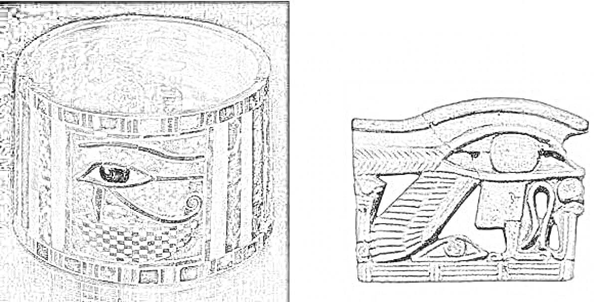 На раскраске изображено: Браслет, Глаз уаджет, Древний Египет, Амулет, Артефакт, Искусство, Металл, Резьба