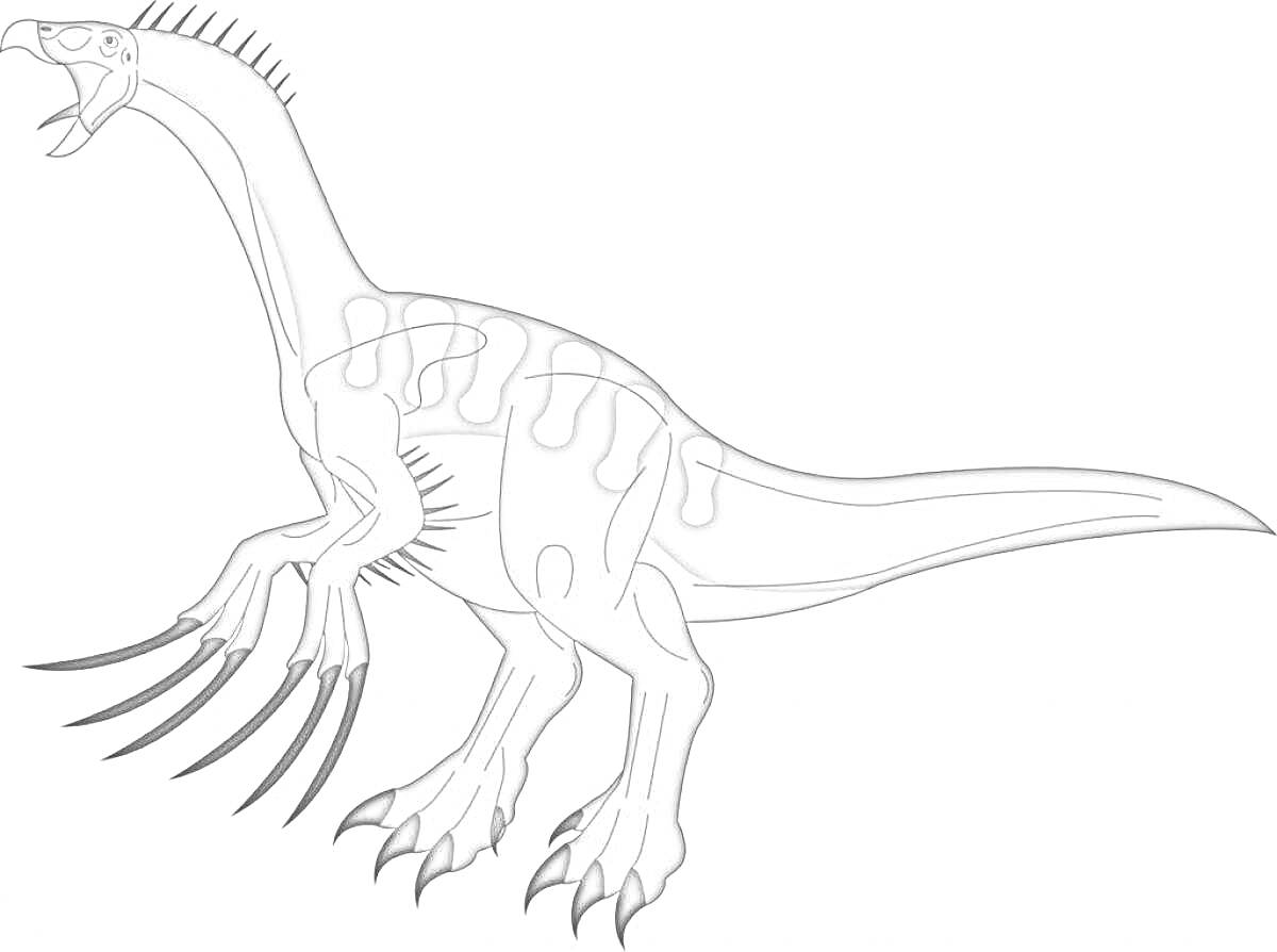 Раскраска Теризинозавр с длинными когтями, открытой пастью и полосками на спине