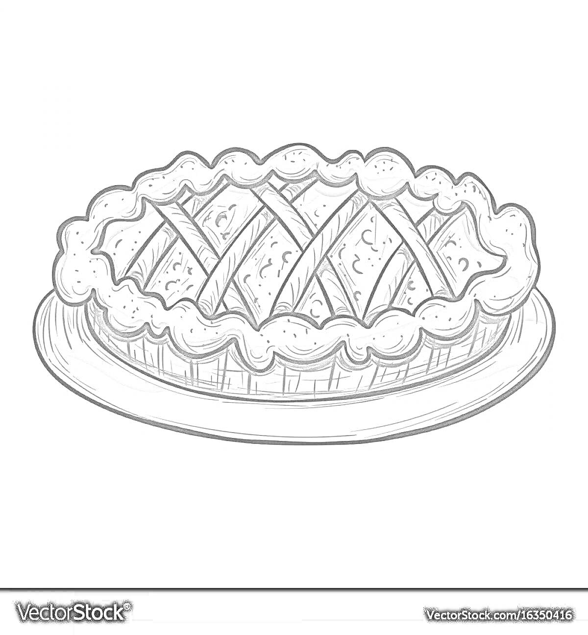 Раскраска Яблочный пирог с решетчатым верхом на тарелке