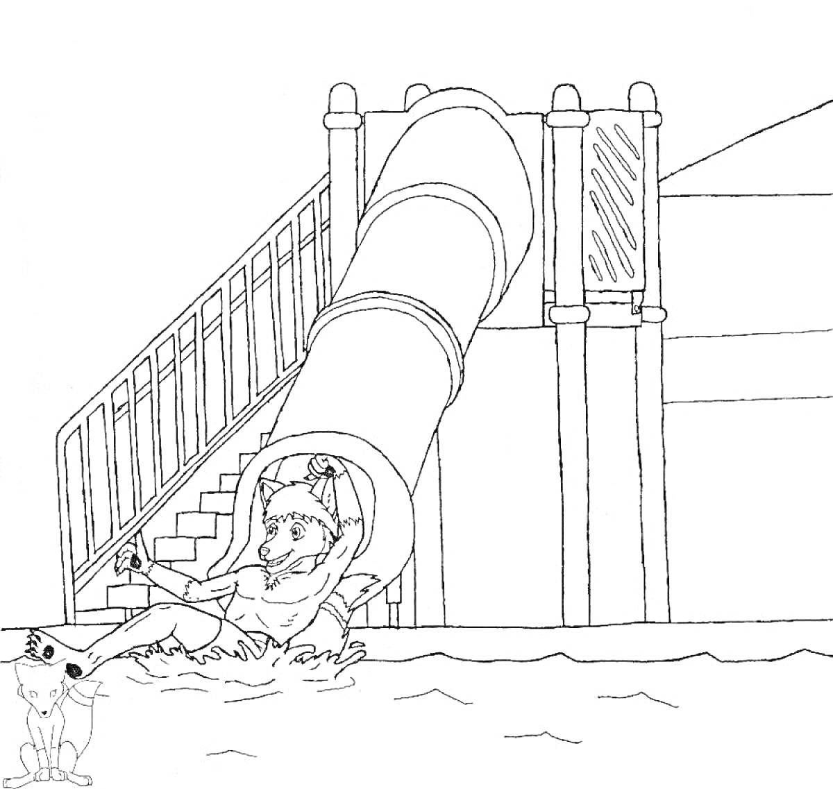 Раскраска Горка пожиратель, человек в воде, лестница, закрытая водная горка, крыша на заднем плане
