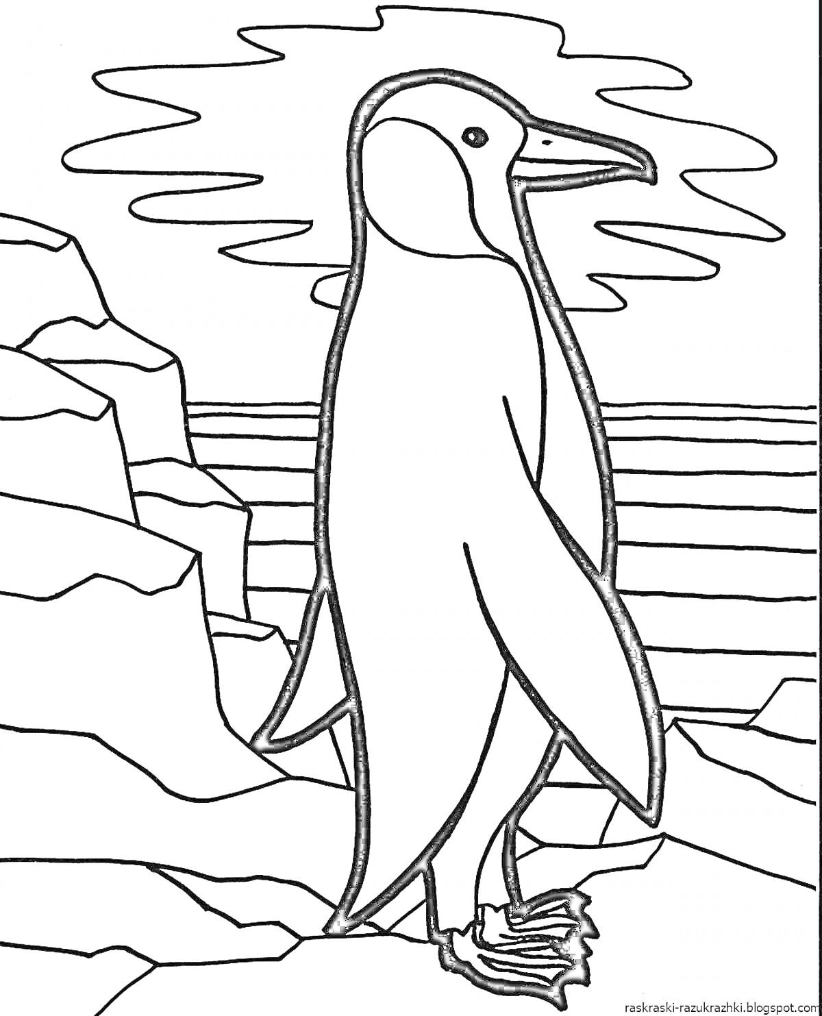 Раскраска Пингвин на берегу среди льдов и холмов