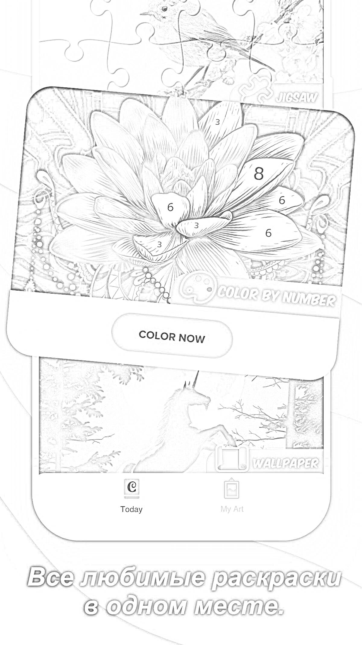 РаскраскаИгра с раскраской по номерам: пазл с птицами, цветок с номерами, единорог на фоне леса