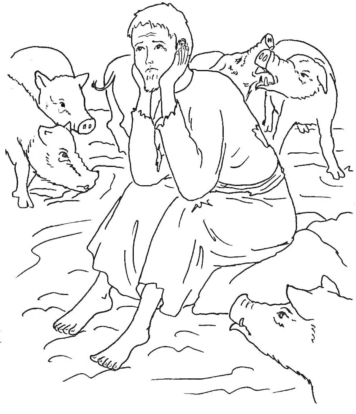 На раскраске изображено: Блудный сын, Свиньи, Задумчивость, Земля, Притча, Библейская история