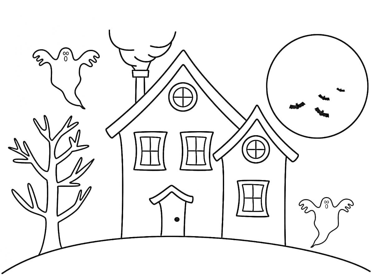 Раскраска Дом с привидениями, деревом, полной луной и летучими мышами