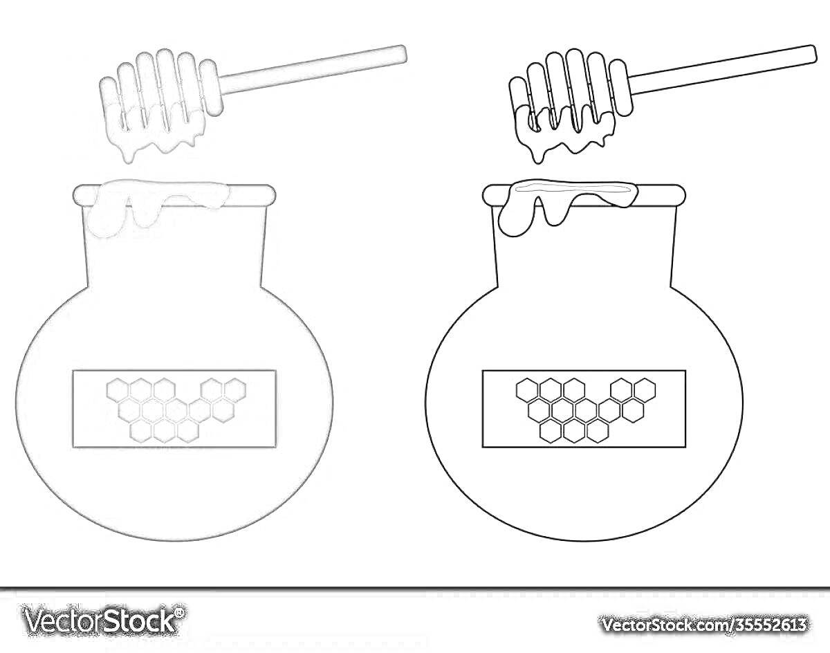Раскраска Бочонок меда с медовой палочкой и изображением сот на этикетке