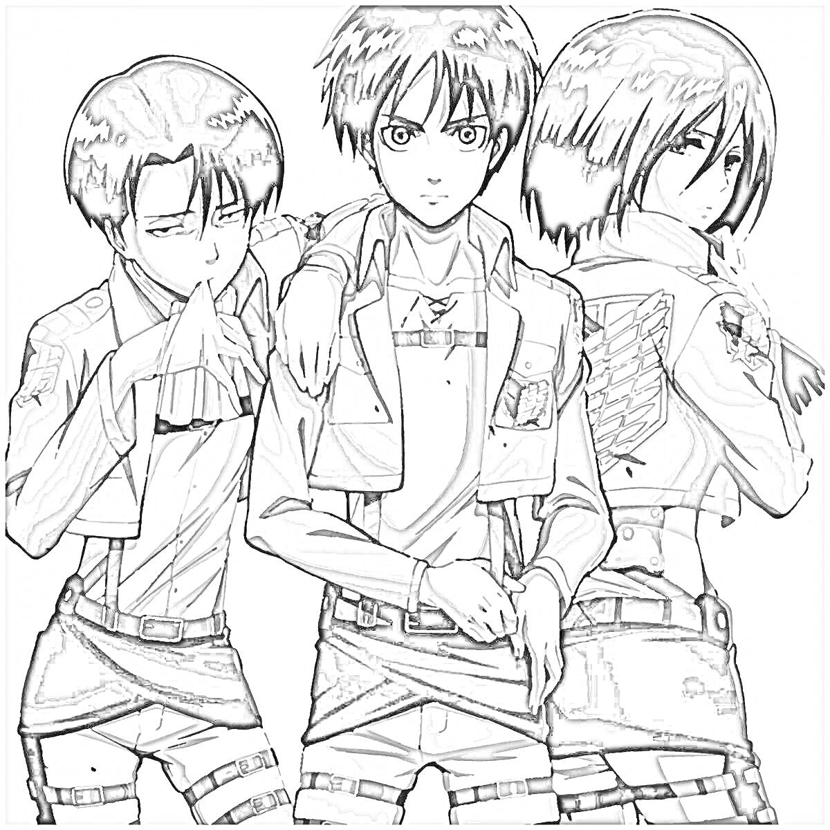 Раскраска Три персонажа аниме в военной форме (два мужчины и женщина) из сериала 