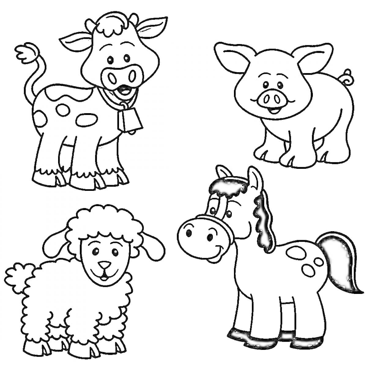 Раскраска Корова, свинья, овечка и лошадка