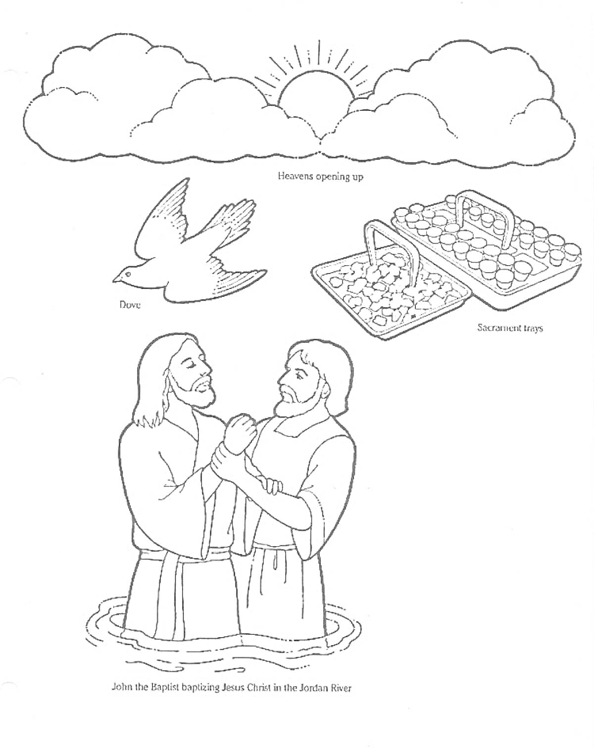 Раскраска Крещение Господне: Иоанн Креститель крестит Иисуса Христа в реке Иордан, небеса раскрываются, голубь, корзины с лепешками