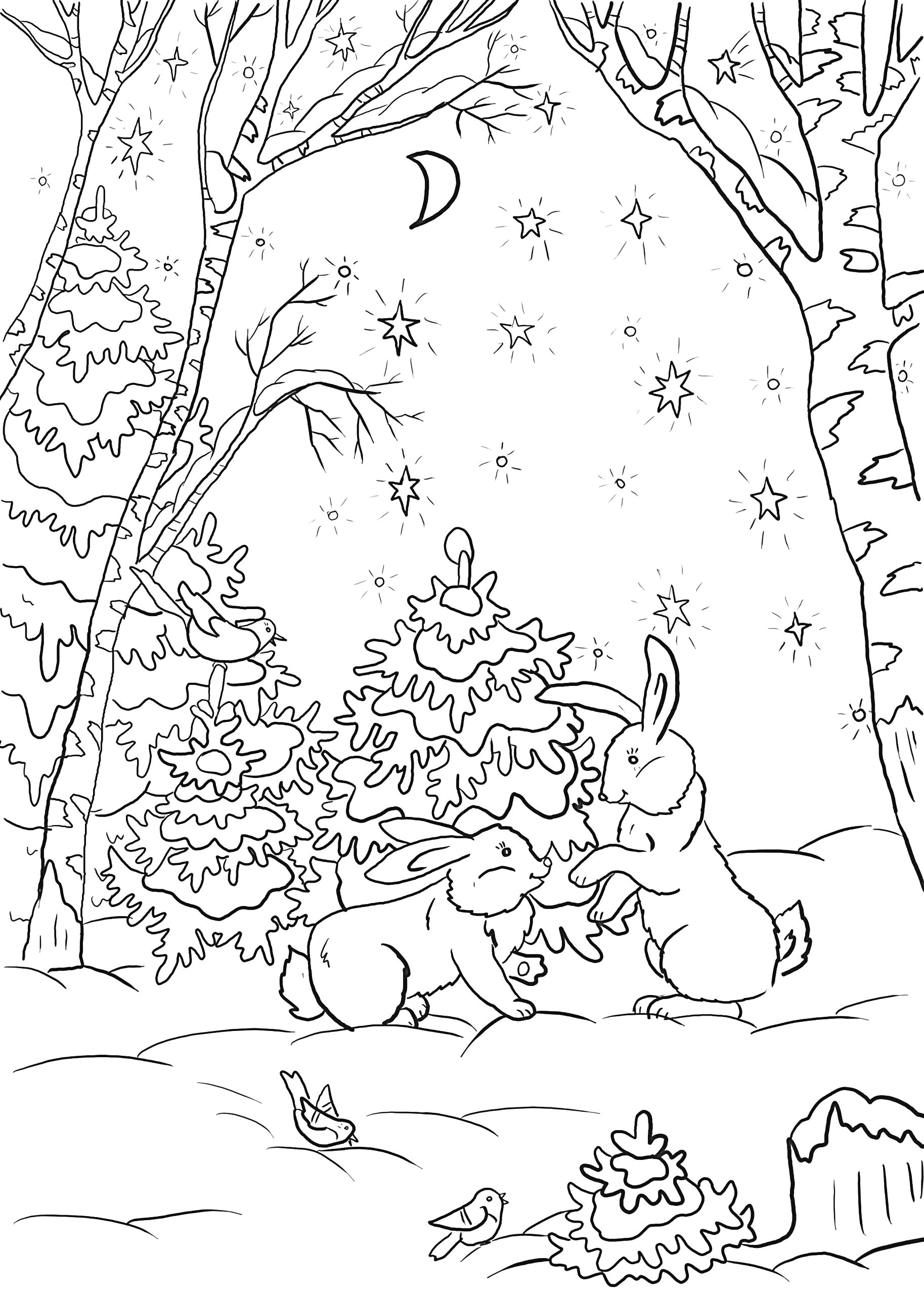 Два зайца в зимнем лесу с ёлками, звёздами, месяцем и пнями, рядом с птицами