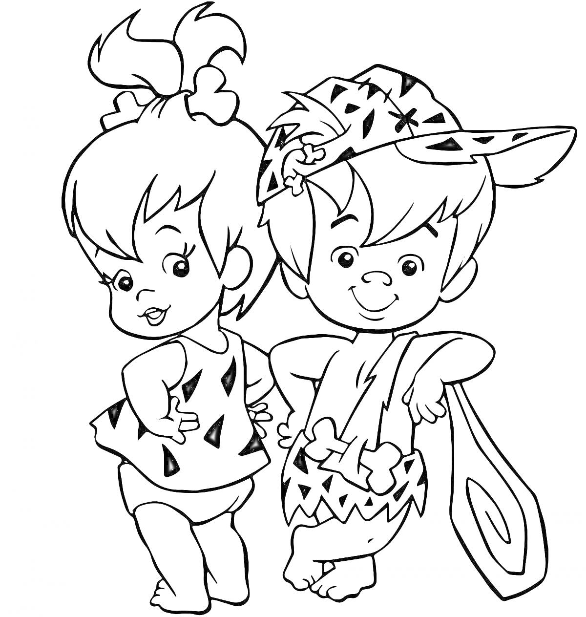 Раскраска Два ребенка в костюмах первобытных людей, девочка с бантиком и мальчик с шапкой с ушами