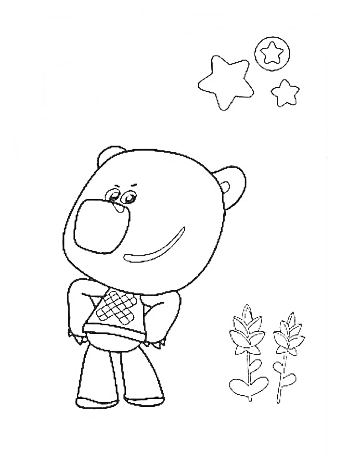 На раскраске изображено: Медведь, Цветы, Звезды, Для детей, Мимимишки