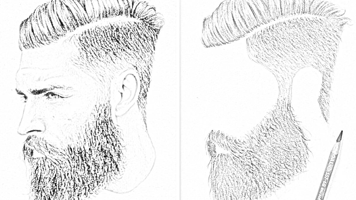 Портрет мужчины с бородой и стрижкой, карандашный рисунок и частично заштрихованная версия