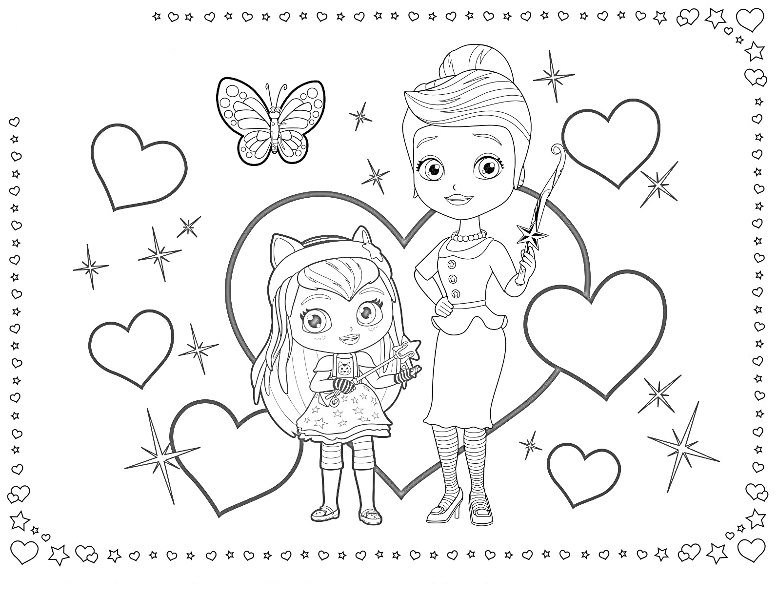 Раскраска Два персонажа с палочкой, сердца, звезды, бабочка