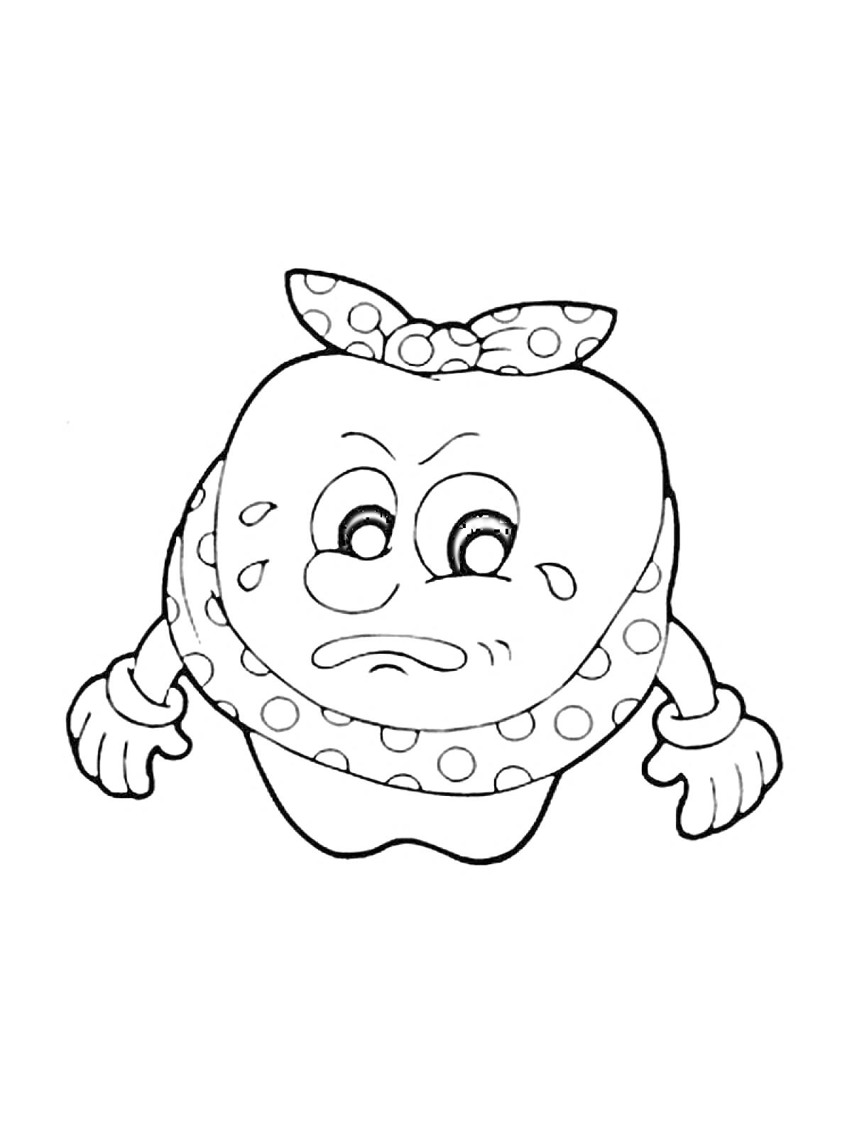 Раскраска Раскраска зуб, персонаж с выражением лица, платок на голове в горошек, капли пота, перчатки