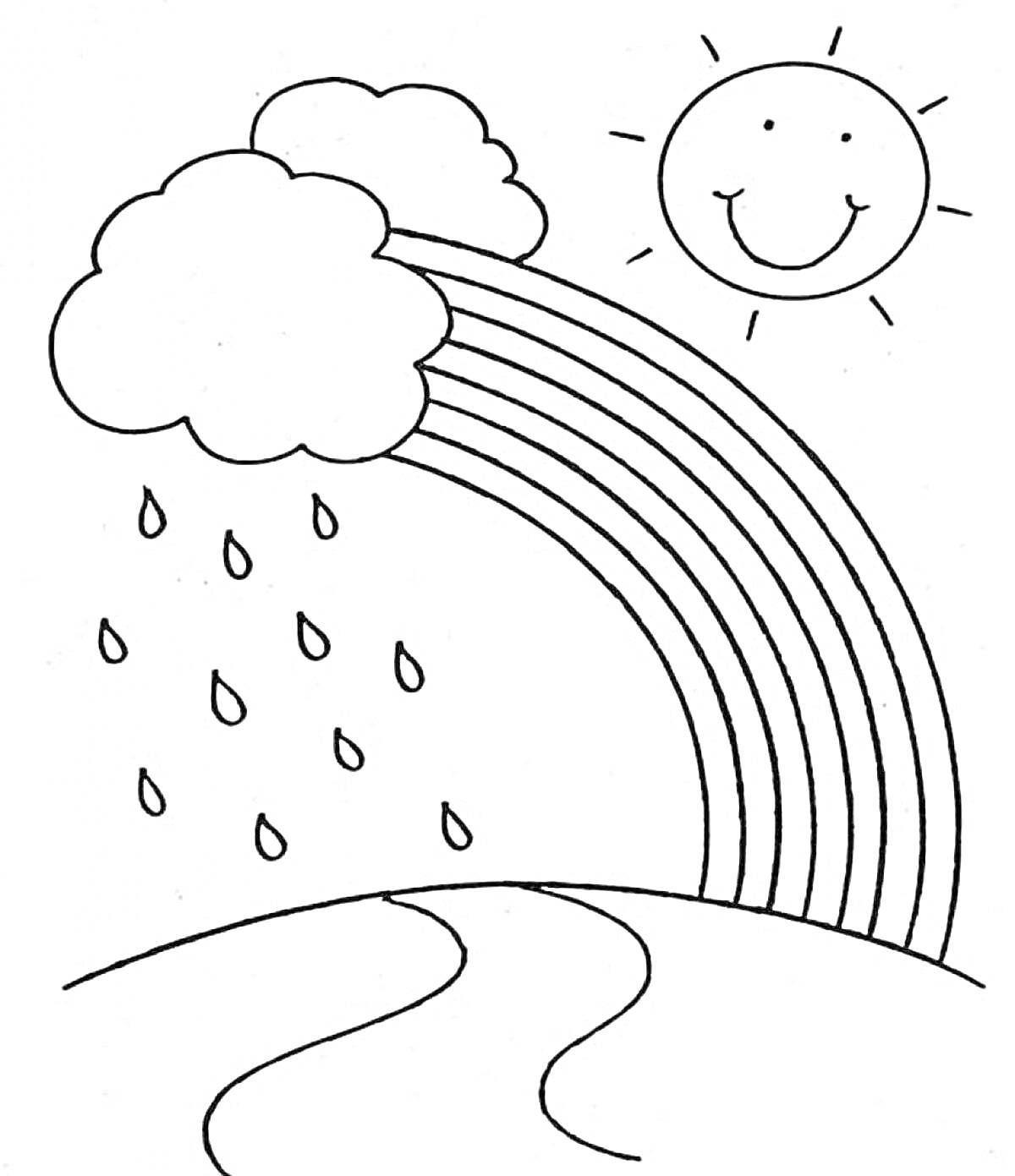 Раскраска Радуга с облаком, дождём и улыбающимся солнцем