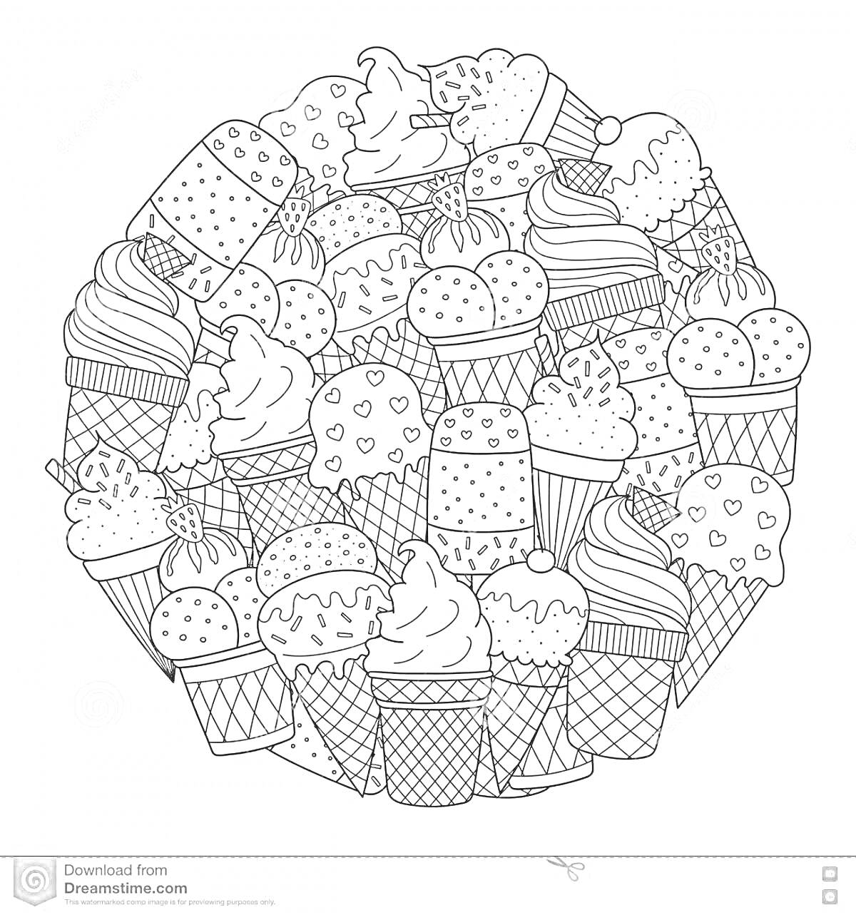 Раскраска Морозильный рай: разнообразие мороженого в вафельных стаканчиках и рожках с декоративными элементами