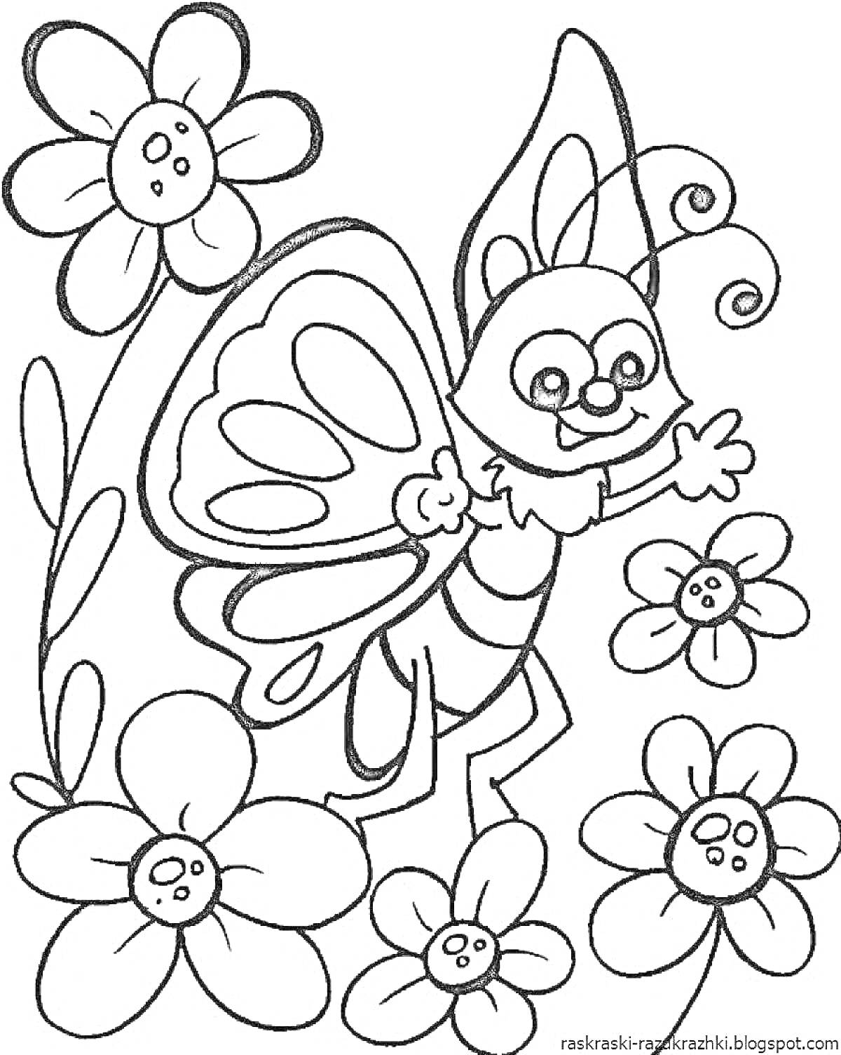 На раскраске изображено: Бабочка, Цветы, Для девочек, Природа, Цветение