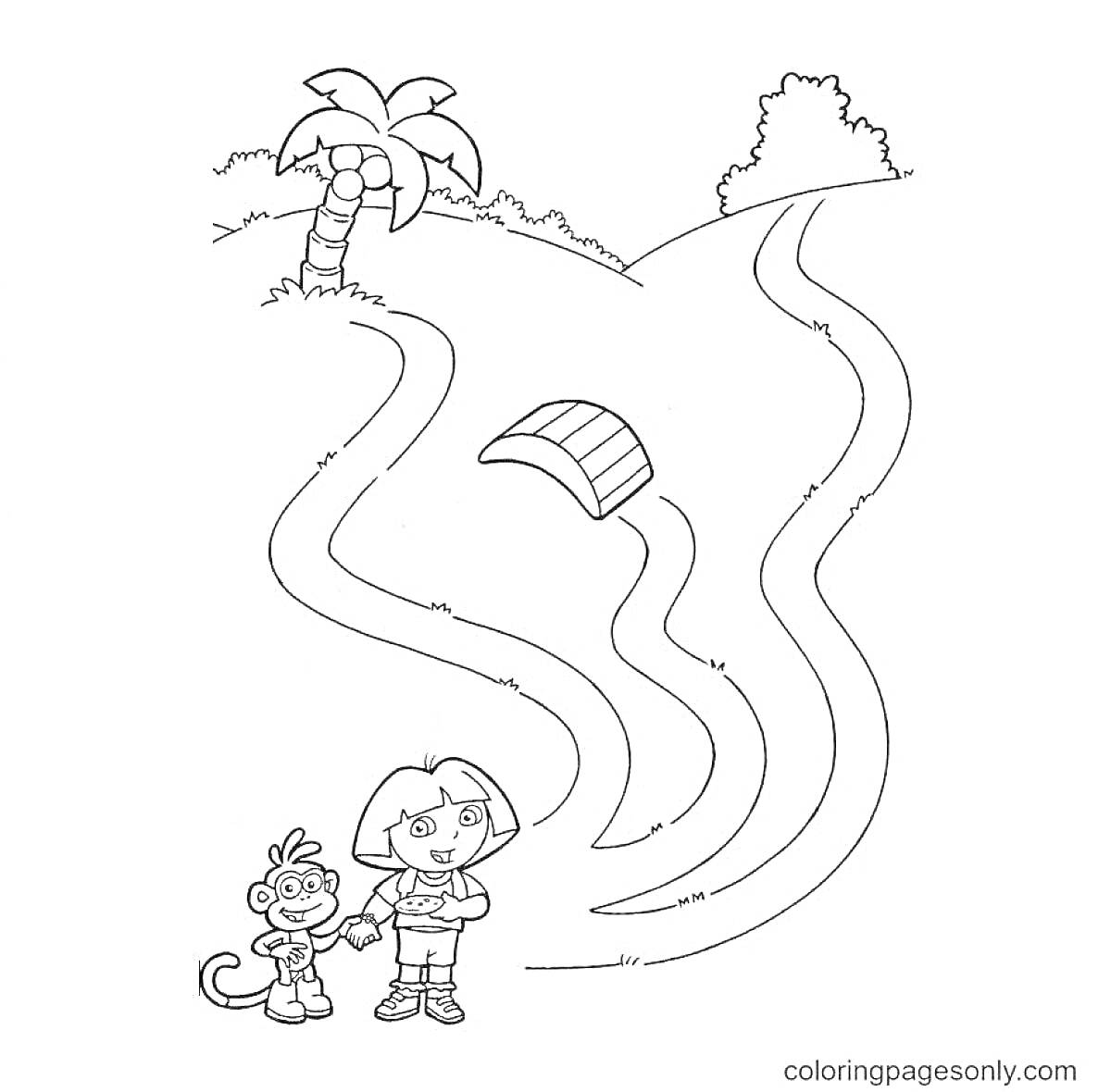 Раскраска Девочка и обезьянка на извилистой дорожке с парусом, пальмой и кустом