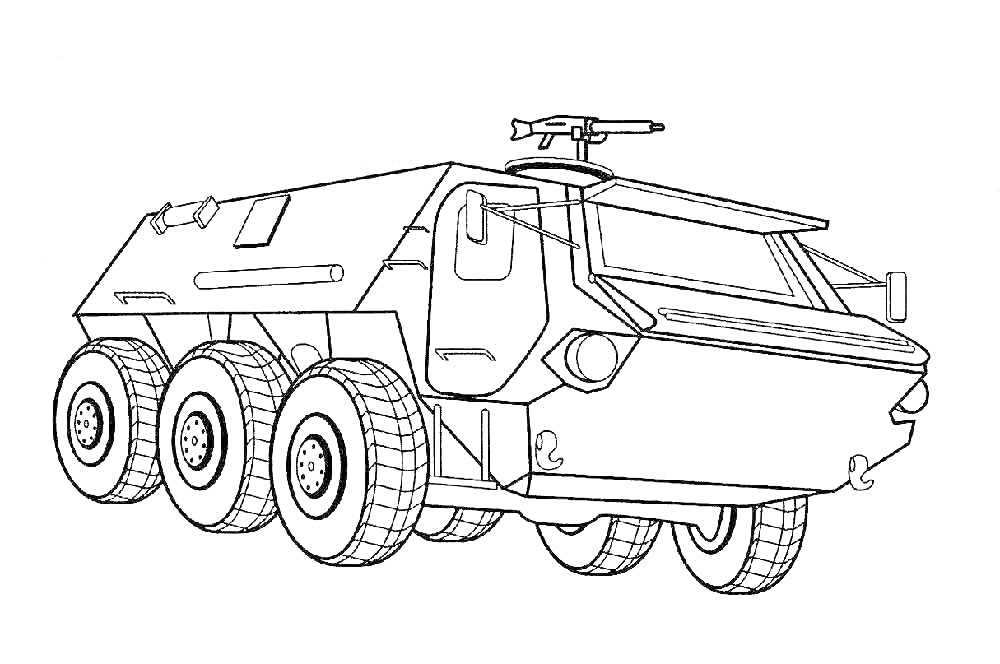 Бронетранспортёр с шестью колёсами, вооружённый пулемётом на крыше