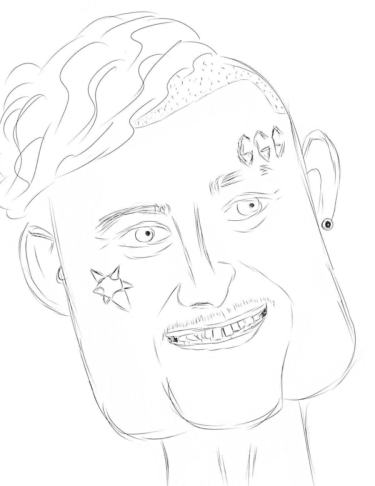 Раскраска Портрет мужчины с короткими волосами и татуировками, одна из которых со звездой, другая с числом 666