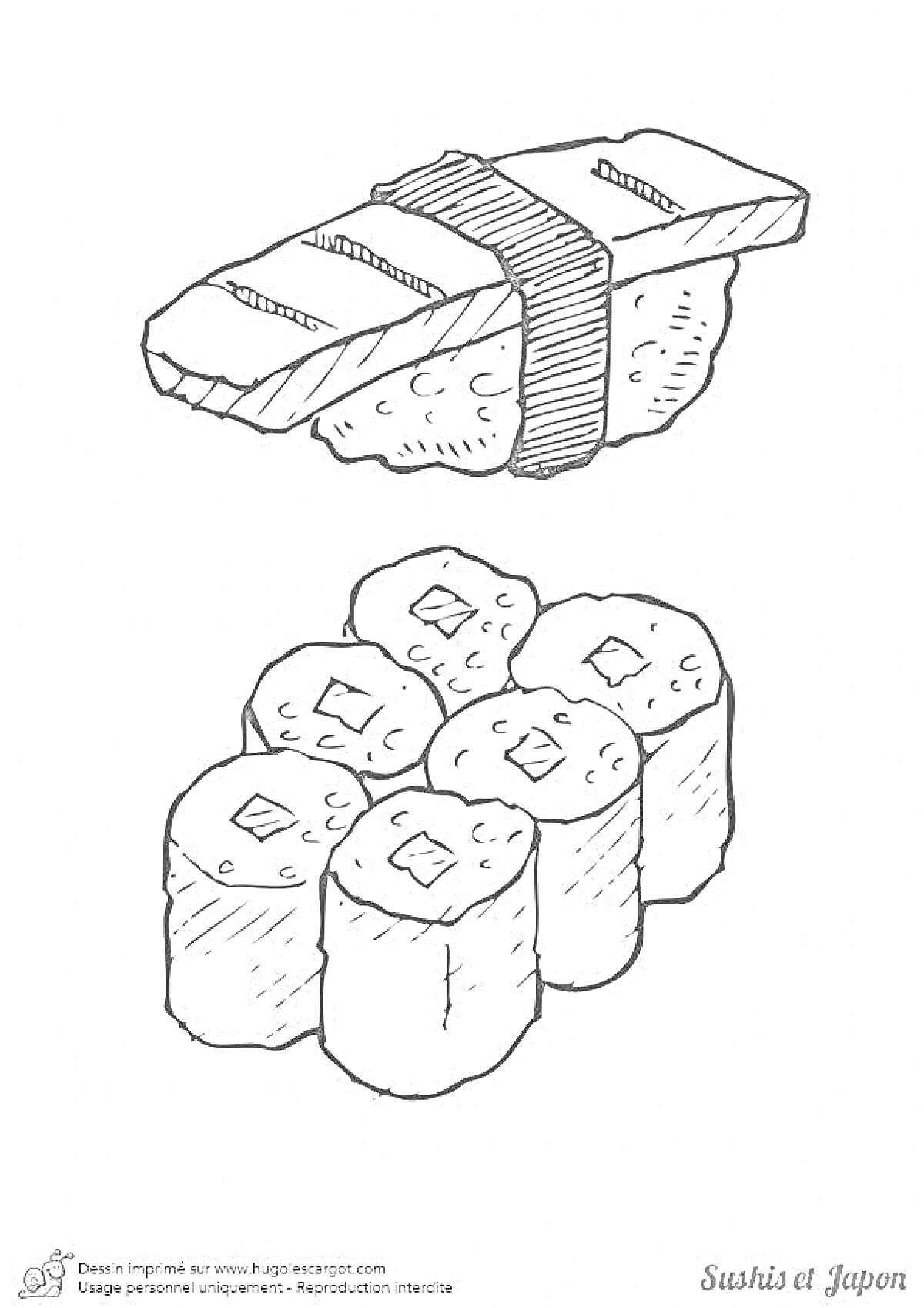 Раскраска суши с рыбой и маки роллы с кусочками наполнителя