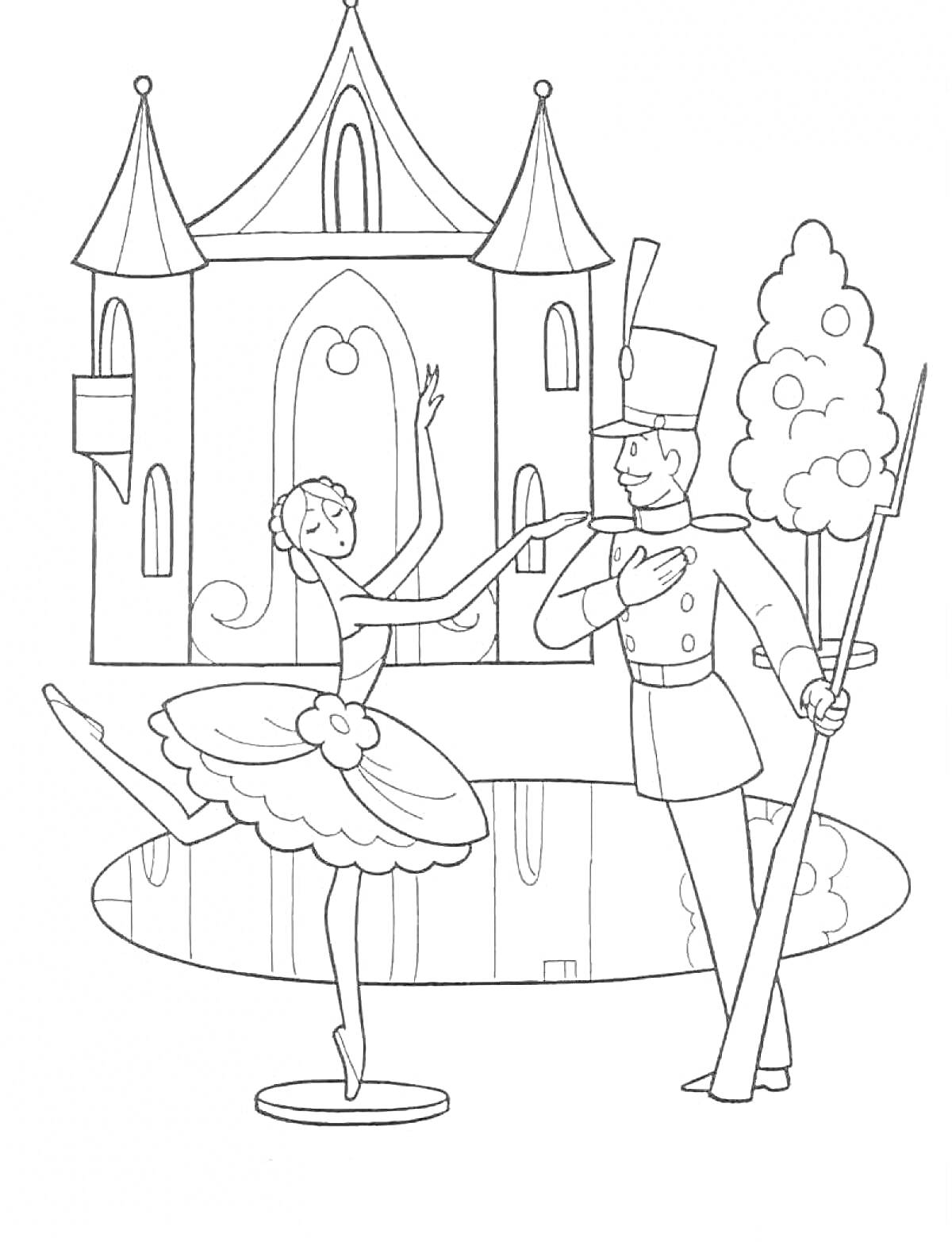 На раскраске изображено: Балерина, Замок, Пруд, Из сказок, Для детей, Деревья
