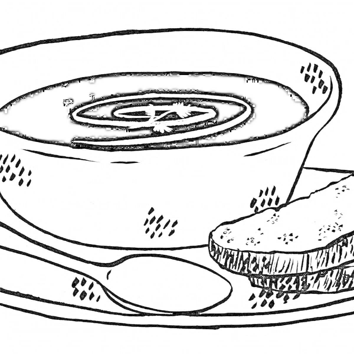 Раскраска Тарелка супа с ложкой и ломтиком хлеба