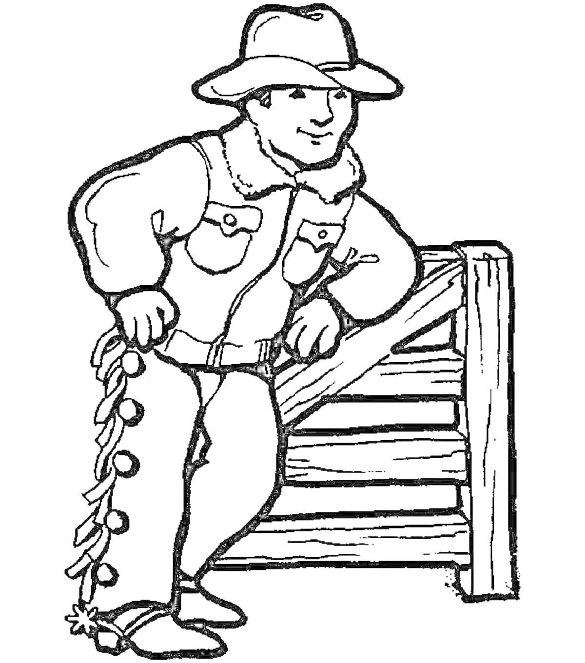 На раскраске изображено: Шляпа, Забор, Джинсы, Сапоги, Бандана, Усы