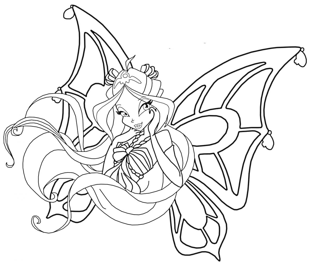 Раскраска Девушка с длинными волосами и большими крыльями бабочки