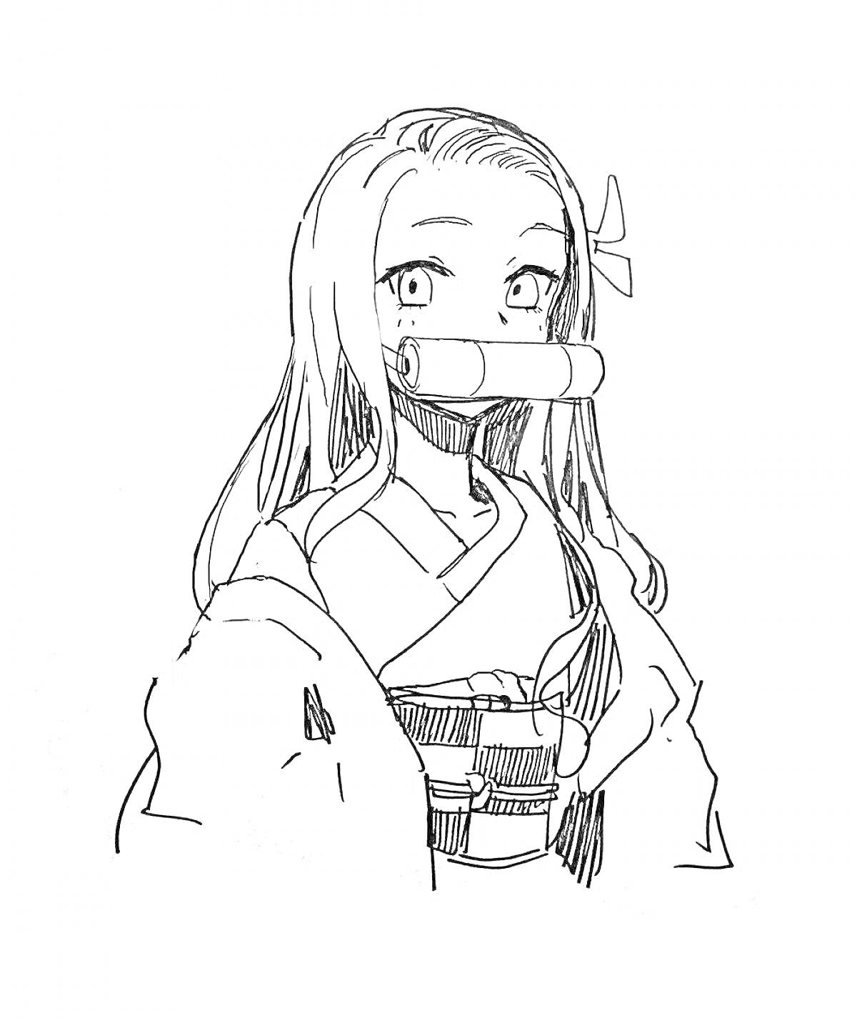Раскраска Девушка с длинными волосами, бамбуком во рту и кимоно