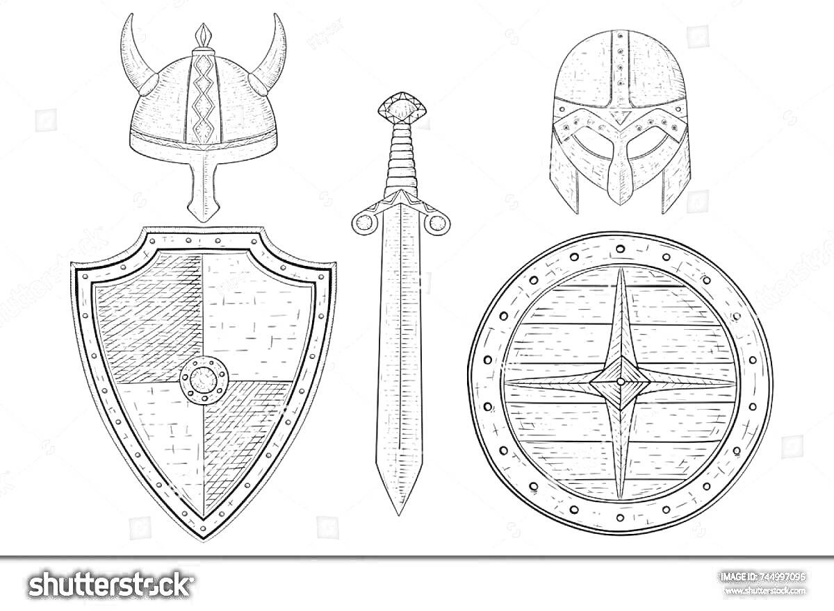 На раскраске изображено: Меч, Щит, Круглый щит, Викинг, Богатырь, Оружие, Броня