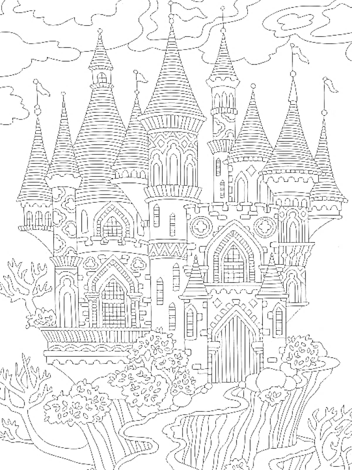 Раскраска Волшебный замок с башнями на фоне облаков и деревьями спереди