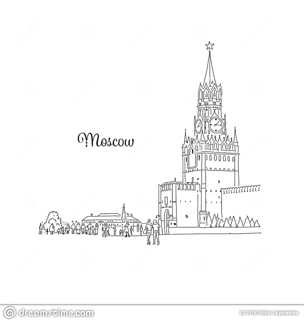 На раскраске изображено: Москва, Красная площадь, Спасская башня, Туристы, Схема, Россия