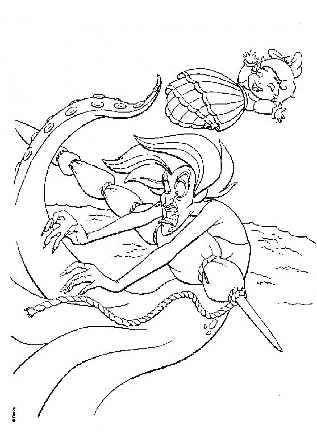 На раскраске изображено: Щупальца, Девочка, Платье, Подводный мир, Атака, Море, Волны, Злодеи