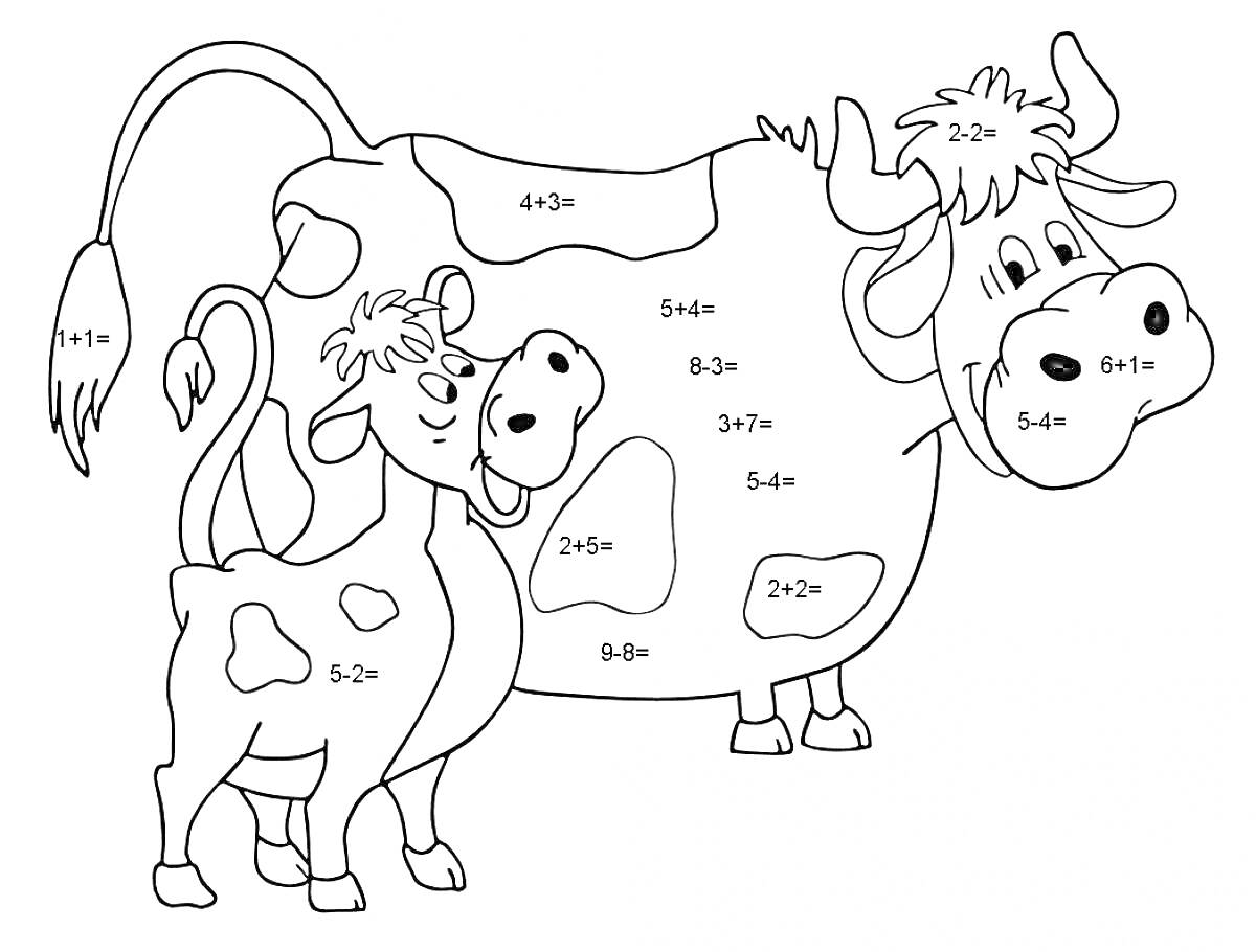 Раскраска Коровы с математическими задачами на частях тела