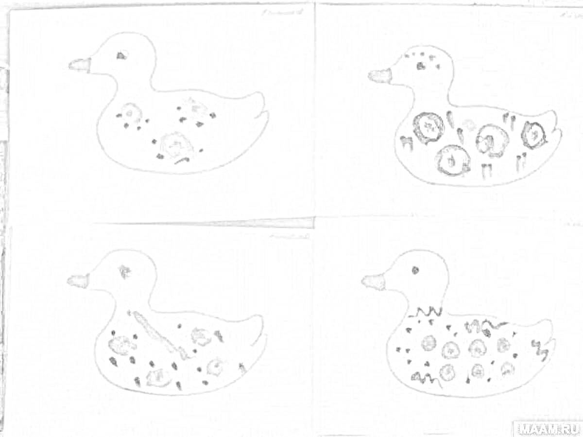 Раскраска Дымковская уточка с кругами, полосами, волнистыми линиями и квадратиками