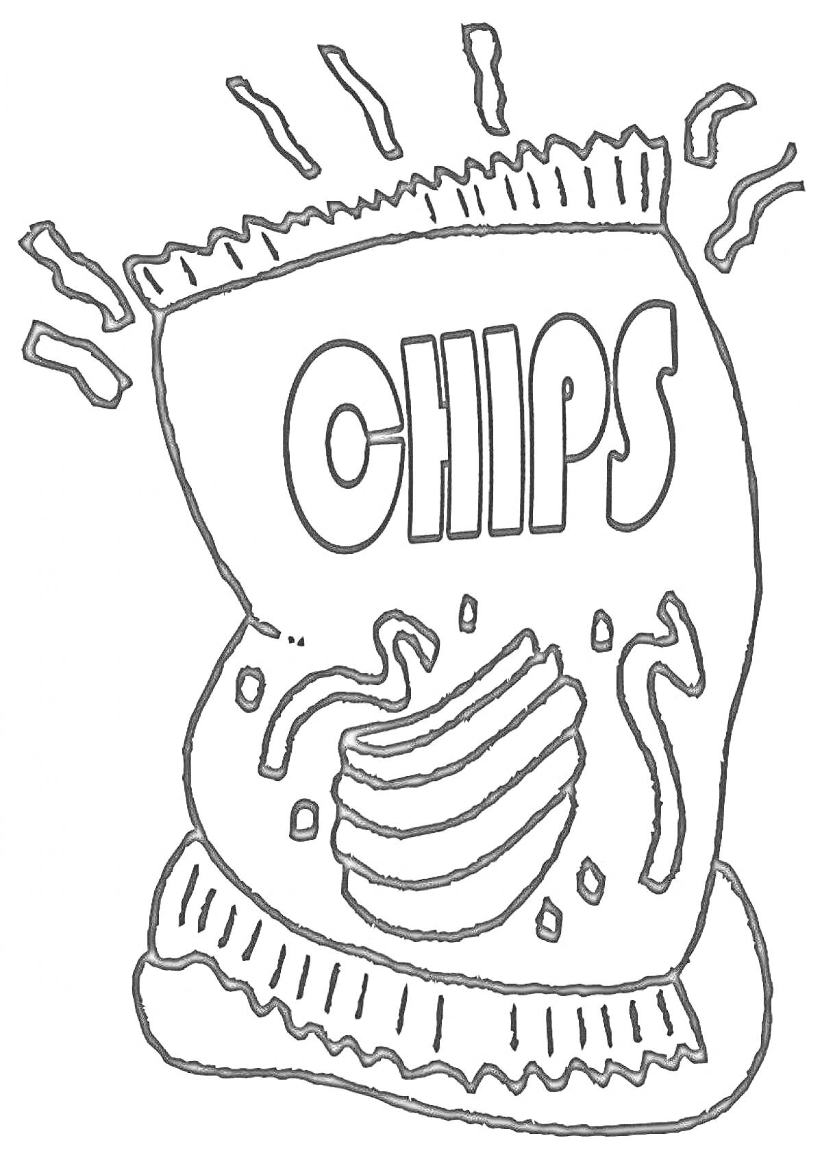 Раскраска Пакет с чипсами с изображением чипсов и надписью 