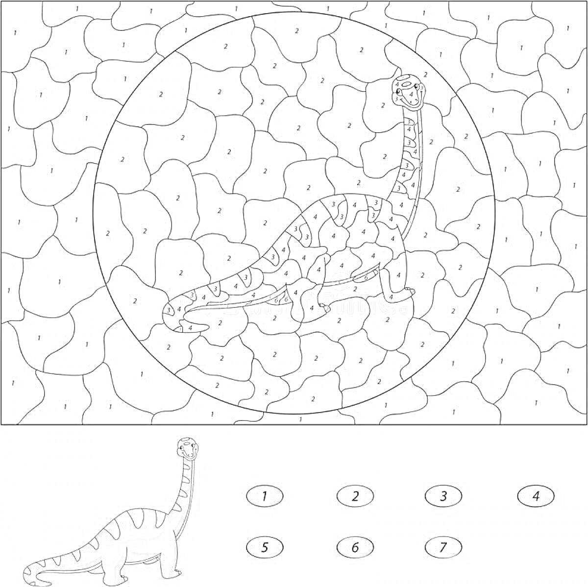 Раскраска Динозавр на фоне окружности и мозаичного узора