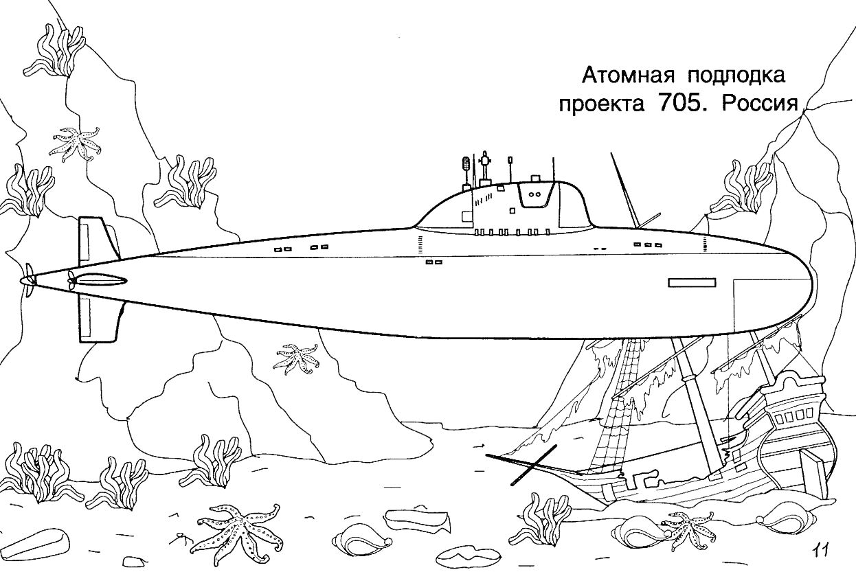 На раскраске изображено: Подводная лодка, Россия, Затонувший корабль, Кораллы, Подводный мир, Рыба