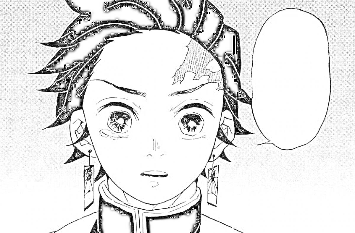 На раскраске изображено: Танджиро Камадо, Манга, Kimetsu no Yaiba, Серьги