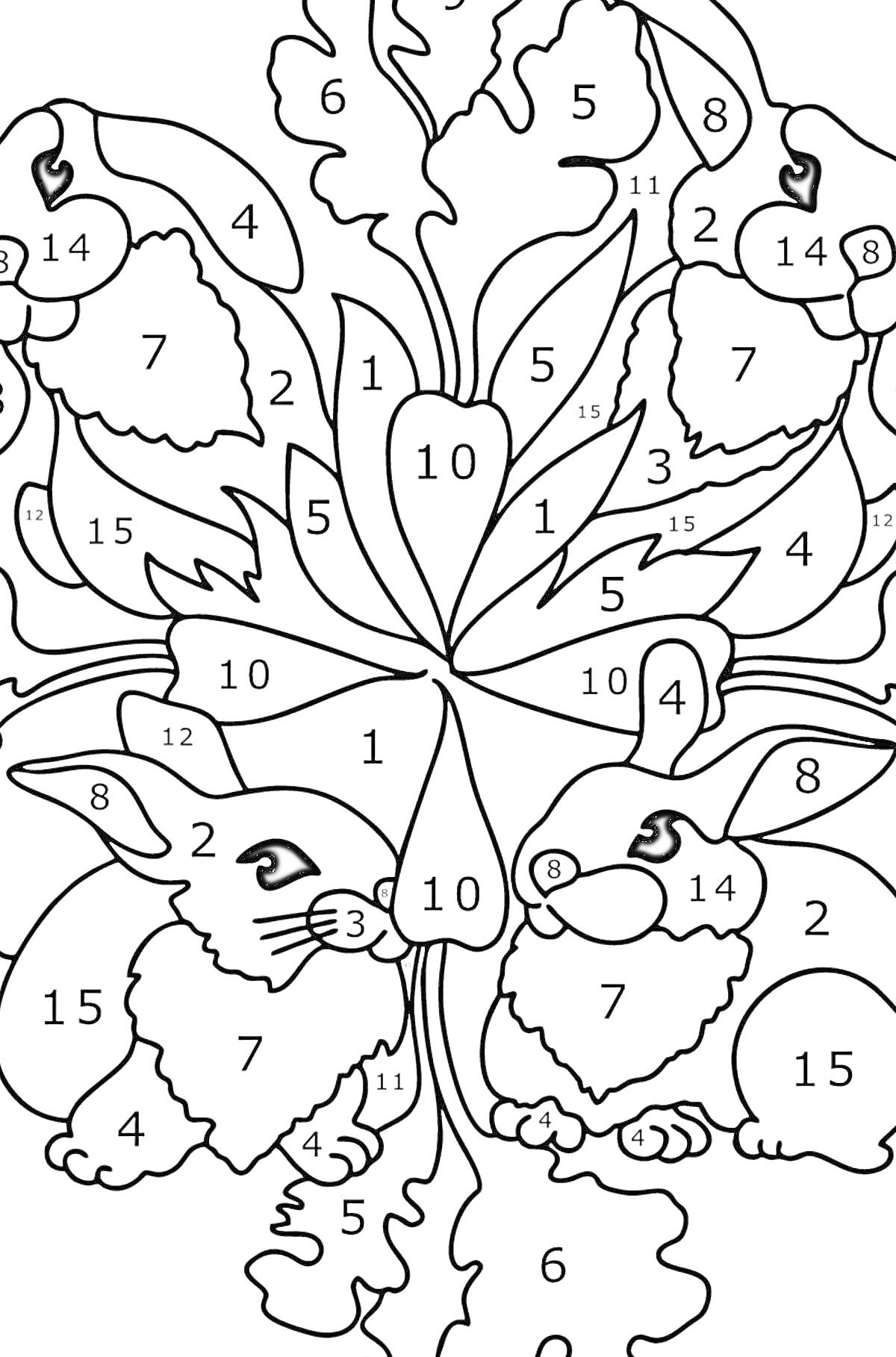Раскраска Зайчики в лесу среди листьев и плодов - раскраска по номерам