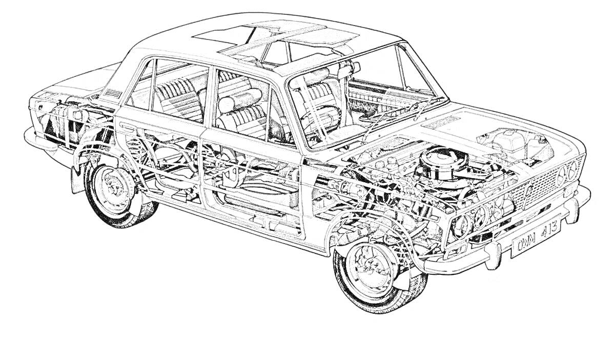Раскраска ВАЗ 2103 с детальной проекцией внутренних механизмов, включая двигатель, шасси и систему подвески