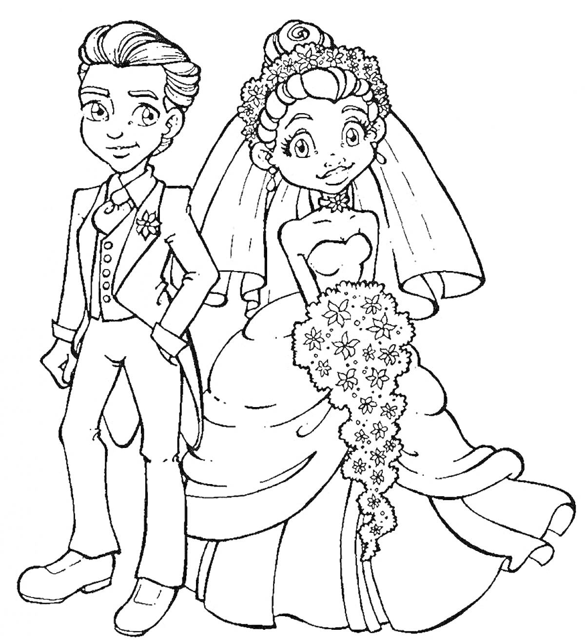 Раскраска Жених и невеста в свадебных нарядах