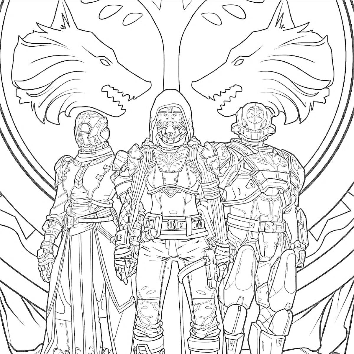 Трое стоящих персонажей в доспехах и капюшонах на фоне двух волчьих голов