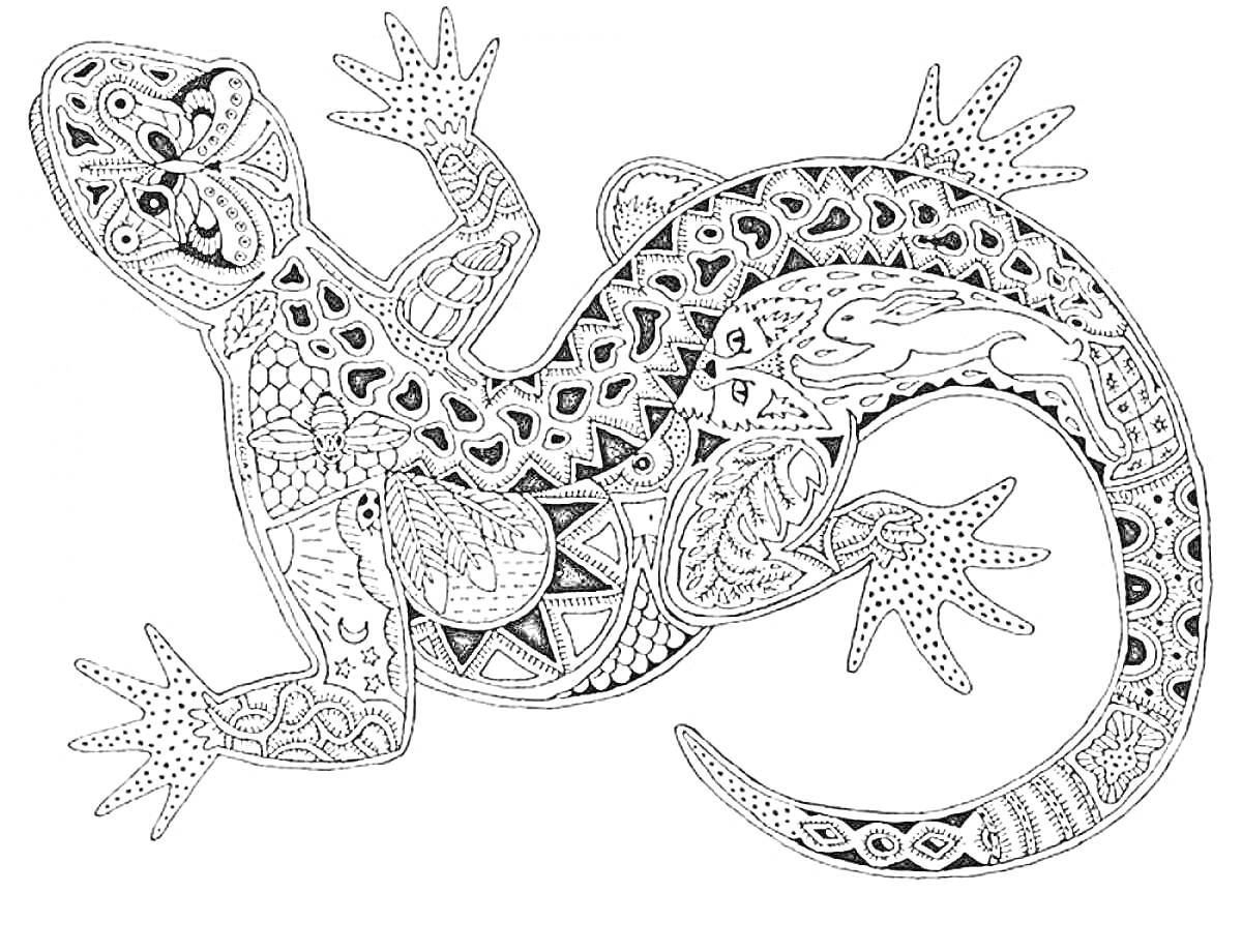 Раскраска геккон с узорами, орнаменты, геометрические формы