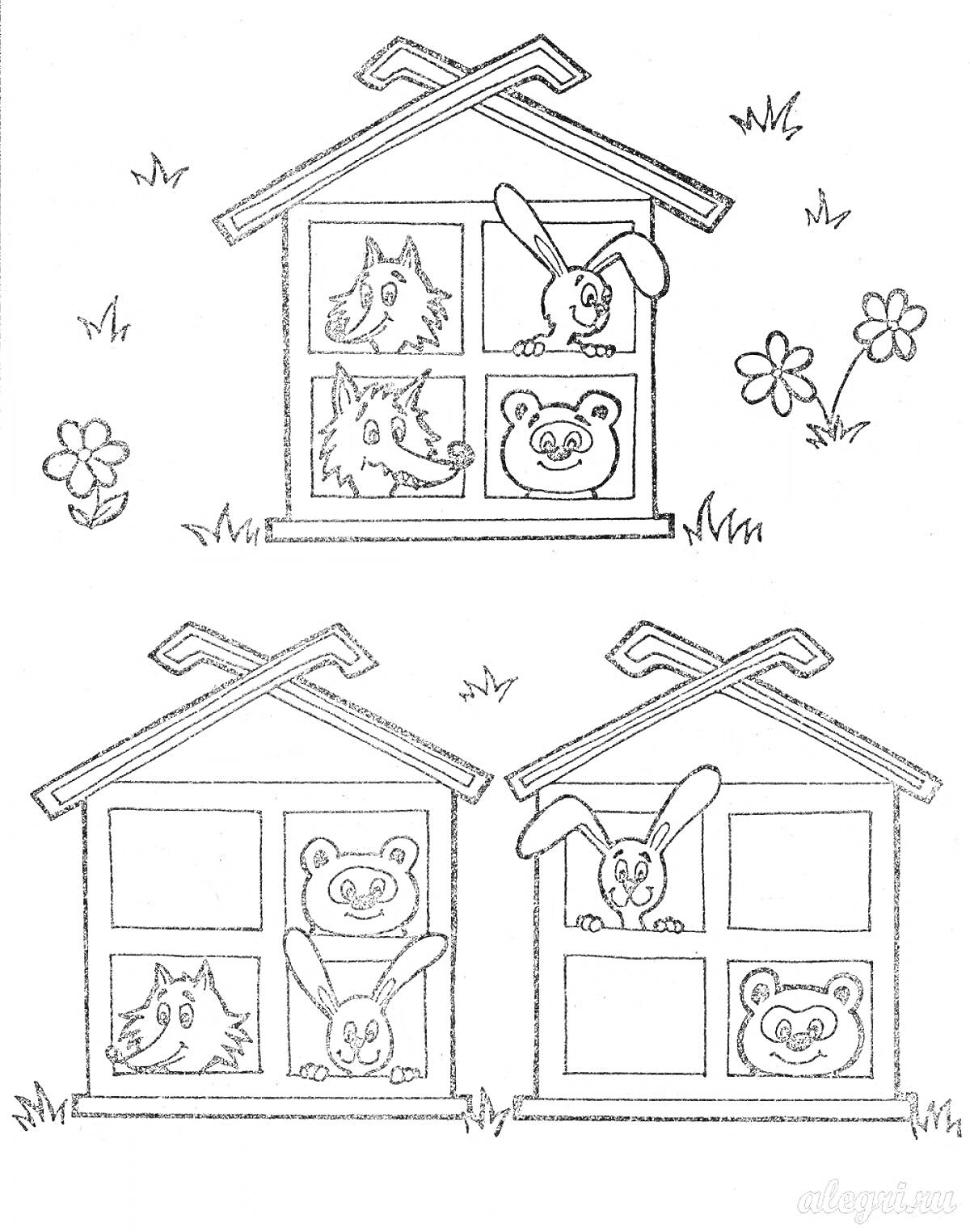 Раскраска Животные в домиках. Волк, медведь и заяц в окнах домиков, цветы и травка на заднем плане