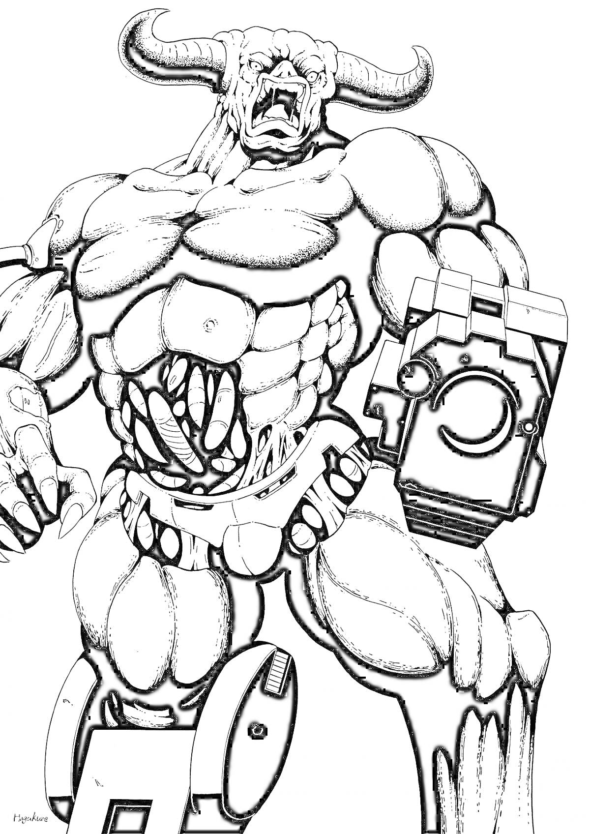 Раскраска Мускулистый демон с рогами, держащий большое оружие